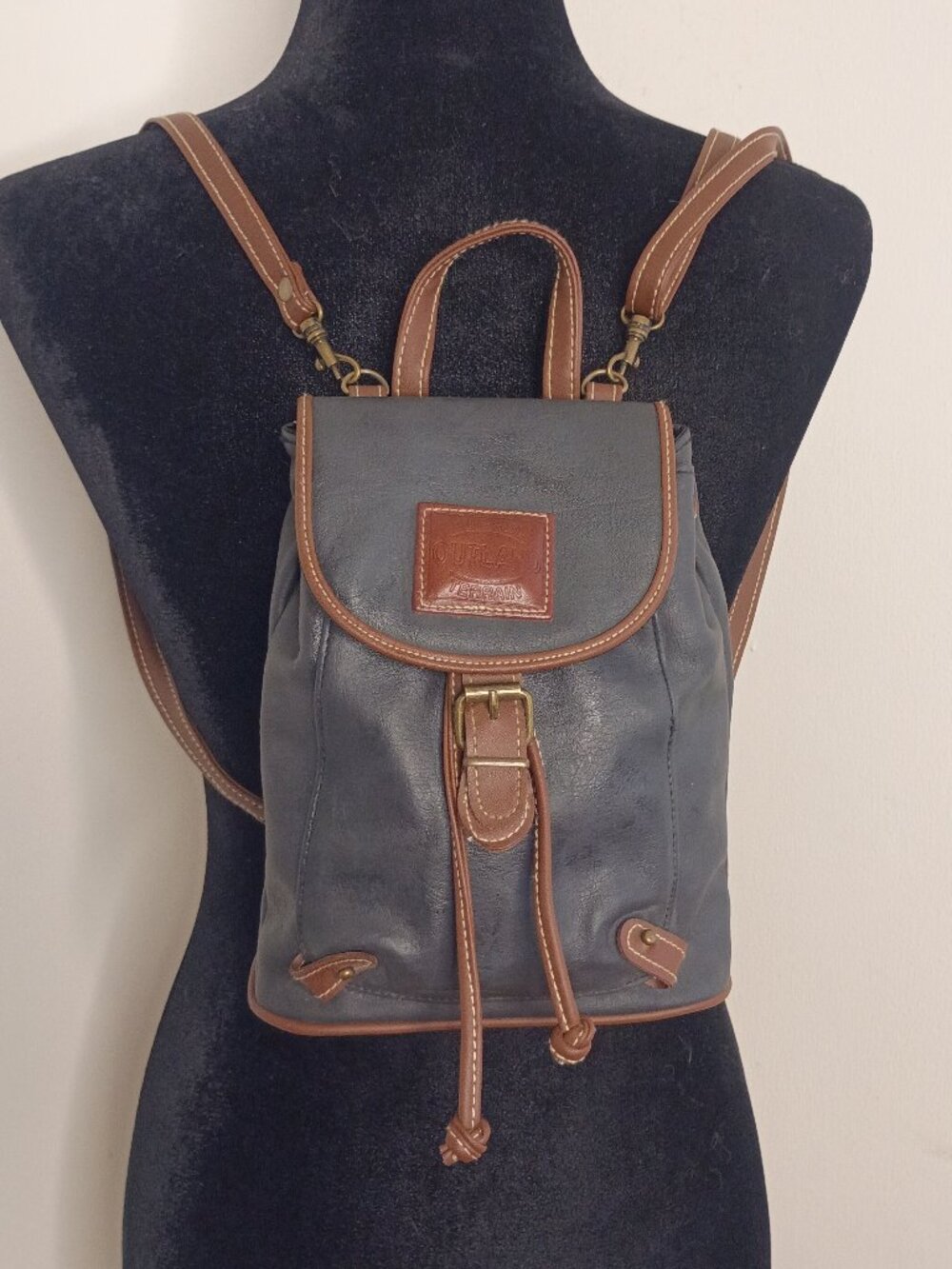 Vintage '90s RUGGED OUTLAND Mini Backpack Navy w Brown Trim Leather